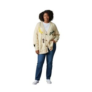 Ebossy Women XL Cream Knit Cardigan Sweater Dream Graphic Patchwork Oversized